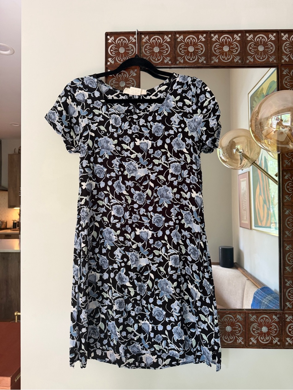 Black Floral Short-Sleeve Dress with Light Blue Roses